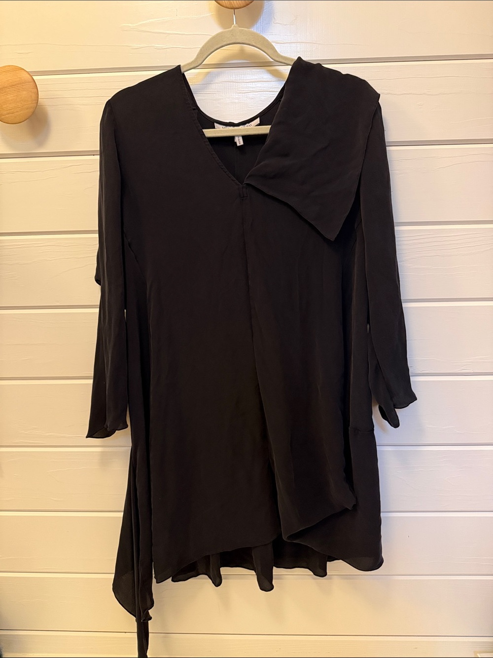 Morgane Le Fay Silk Black Long-Sleeve Asymmetric Tunic Dress With Elbow Cutout